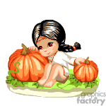 The clipart image displays a cute, stylized depiction of a young girl sitting with three pumpkins. She has black hair tied with a red band, and her pose suggests that she might be playing or resting in a pumpkin patch. The pumpkins are large and orange, indicating they might be ripe and ready for harvest. The setting includes some greenery at the base, which could be indicative of leaves or grass.