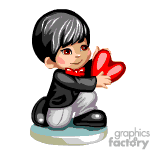   The clipart image shows an animated character, resembling a young boy, dressed in a formal black suit with a red bow tie. He is kneeling down, and holding a large red heart that symbolizes love and affection, commonly associated with Valentine
