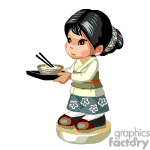   The clipart image features an animated character of a young girl dressed in traditional Japanese attire, holding chopsticks and a bowl of food. Her hair is styled with what appears to be chopsticks, and she