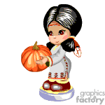   The image is a clipart featuring a cartoon character dressed as a pilgrim, holding a pumpkin. The character has stylized black hair, and wears a traditional pilgrim