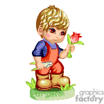 The clipart image features an animated depiction of a young boy with blonde hair, wearing a blue shirt, orange overalls, and brown boots. He is holding a flower in one hand and appears to be squatting on a patch of grass.