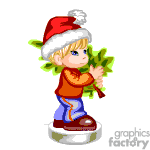 The image is an animated clipart showing a child dressed in winter clothing, including a red Santa hat, holding a green Christmas wreath. The child appears to be standing on an ice surface, likely referencing ice skating.