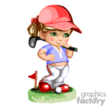   The clipart image features a cartoon-style female golfer. She has a ponytail and is wearing a visor cap, along with a white and blue golf outfit. She
