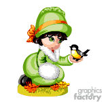   The image depicts an animated character dressed in a green outfit with a long tailcoat and a green hat adorned with an orange bow. The character is wearing boots and holding a small, colorful bird on their outstretched hand while gazing at it affectionately. The setting includes a few autumn leaves on the ground, suggesting it might be fall season. The character