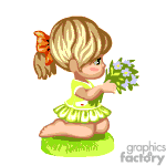 The image shows a cartoon of a young girl with blonde hair tied back with a red ribbon, kneeling on grass and holding a bouquet of blue flowers. She is wearing a green dress with a striped pattern and has a happy expression on her face.