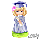 The clipart image depicts a young girl dressed in a graduation gown and cap, with a flower on the cap. She is holding a diploma and appears to be standing on a patch of grass.