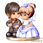 The image is a clipart of two animated characters dressed in wedding attire, suggesting a bride and groom. They appear in a cartoonish style, with the groom wearing a brown suit with a bowtie and the bride in a white wedding dress with a veil and holding a bouquet.
