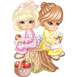 Two Little Girls sitting on a Tree Stump Holding an Apple