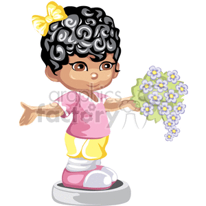 A Small Child with Brown Eyes Holding a Bouquet of Flowers with her Arm Out
