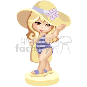 Little girl going to the beach in bathing suit and floppy hat