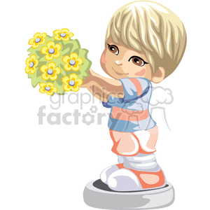 A Little Brown Eyed boy Holding a Big Bouquet of Yellow Flowers