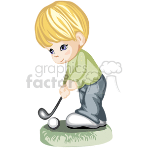 A blonde haired boy hitting a golf ball with a golf club