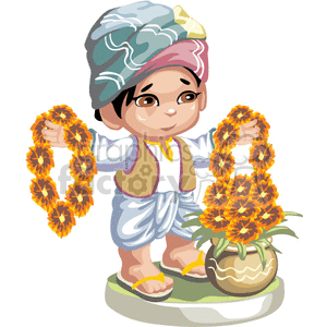 Indian boy holding necklaces of flowers