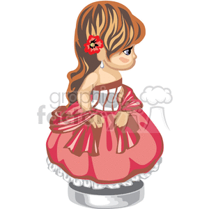 A girl in a red and white striped party dress with a flower in her hair