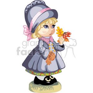 A little girl in a gray coat and bonnet holding fall folliage