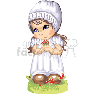 A little girl in a white dress with a white bonnet holding berries