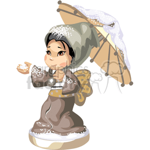 Little Asian girl in a brown kimono holding an umbrella