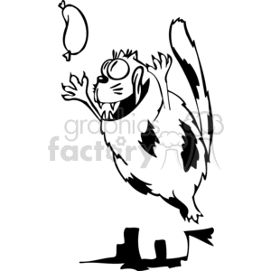 Black and white funny cat jumping after a sausage