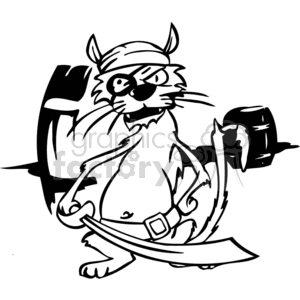 The clipart image shows a whimsical, cartoon-style depiction of a pirate cat. The cat has an eyepatch, a bandana, a peg leg, a hook for a hand, and is standing in a classic pirate pose with a sword. It's a black and white image marked for vinyl-ready use, which suggests it is prepared for applications such as T-shirt prints or stickers.