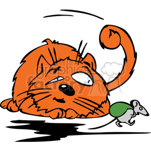 The clipart image depicts an orange cat with a humorous and lazy expression, lying on its side. Next to the cat, there is a small grey mouse with a green sack on its back,  that appears to be walking away from the cat undisturbed.