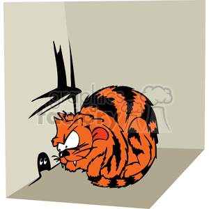 This clipart image shows a vividly striped orange and black cat crouched and fixated on a small, seemingly frightened mouse in front of it. The cat's eyes are wide and intent, while the mouse looks up at the cat from within its hole. The scene conveys a sense of tension as the predatory instinct of the cat contrasts with the vulnerable position of the mouse. There's a comical element to the exaggerated features of both the cat and the mouse, suggesting the image might be suitable for storytelling or humor-related content.