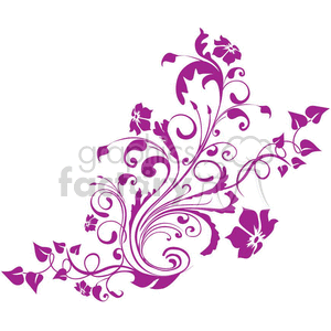 A decorative purple floral clipart image featuring intricate swirls, leaves, and flowers.