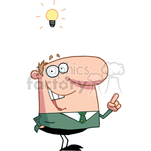 This image shows a humorous, cartoon-style drawing of a man who appears to have an idea. Key features include:
- An illuminated lightbulb above his head, symbolizing a new idea or a moment of inspiration.
- The man has a big smile, suggesting he is pleased with his idea.
- His right index finger is raised upward, a common gesture when someone has a thought or solution.
- He is wearing a shirt and tie, suggesting a business or office environment.
- The illustration has a simple and clean style, with bright, solid colors making it visually appealing and easily comprehensible.