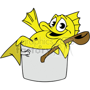 The clipart image shows a cartoon fish with a smiling face, lounging inside a cooking pot. The fish appears relaxed and is holding a wooden cooking spoon. The fish has yellow scales, an orange fin and tail, and large, expressive eyes.