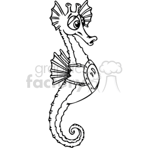 The image is a black and white clipart of a seahorse. The seahorse has an exaggerated and comical expression with large eyes and a funny facial expression. It features prominent fin-like structures on its head and back, a curled tail, and a belly that resembles a watch face, reinforcing the humorous aspect.
