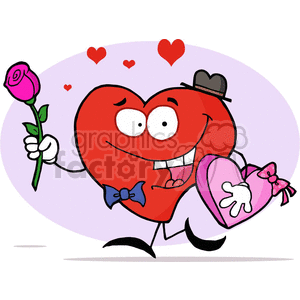 Cartoon heart character holding a rose and a heart-shaped box of chocolates, with floating hearts, symbolizing love and Valentine's Day.