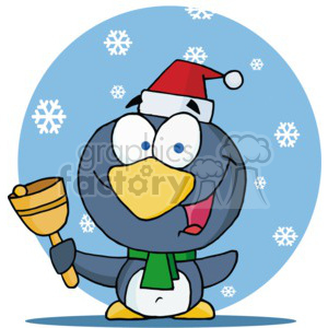 A cartoon penguin wearing a Santa hat and green scarf holding a bell, surrounded by snowflakes.