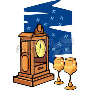 Clipart image of a clock striking midnight with two glasses, symbolic of New Year's Eve celebrations.