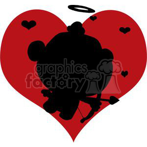 Silhouette illustration of a funny cupid character with a bow and arrow inside a large red heart surrounded by smaller hearts.