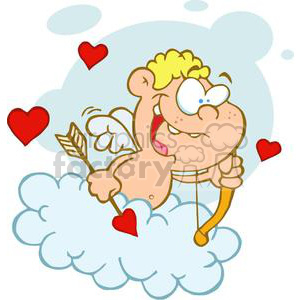 A cartoon cherub with blonde hair holding a bow and an arrow with a heart tip, surrounded by red hearts, sitting on a cloud.