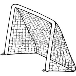The clipart image shows a black and white cartoon-style soccer goal with a net. The image depicts a rectangular frame made of thick lines forming the shape of a goal, with a net attached to it. 