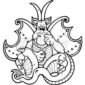 The image is a black and white line art clipart of a dragon. This dragon has large wings, horns on its head, and a serpentine body with its tail wrapping around the bottom. There are scattered blotches and dots on the dragon's wings and tail which could either be part of the artistic style or represent scales or age. The dragon appears to be seated with one hand picking its nose