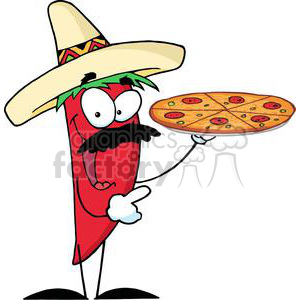 A cheerful cartoon chili pepper wearing a sombrero and mustache, holding a pizza.