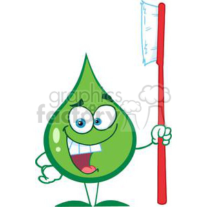 The image depicts an anthropomorphized drop of toothpaste with cartoonish features. It has big, expressive eyes, a wide smile showing teeth, and is striking a playful pose. The character is holding a toothbrush in one hand, giving the impression that it's ready to brush teeth. The toothpaste character is green, and the toothbrush has a red handle with a white brush head.