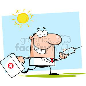 A humorous cartoon of a smiling doctor holding a syringe and a medical bag, with a bright sun shining in the background.