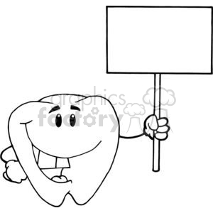 The clipart image features a stylized, anthropomorphic tooth with a friendly face, arms, and legs. The tooth character is grinning and holding a blank sign or placard on a stick with one hand, as if ready to present a message or an announcement.