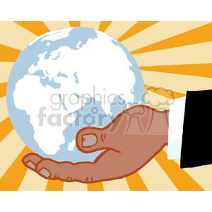   This cartoon-style clipart image features a stylized Earth being gently cradled or held up in the palm of an outstretched hand. The hand appears to be from a person wearing a formal black suit with a white cuff, indicating a professional or business-like appearance. The background is formed by radial lines in alternating shades of yellow and orange, creating a sunburst effect that accentuates the image of the Earth. The playful representation of the Earth in a human hand might suggest themes of environmental care, global responsibility, or the notion that the world is within one