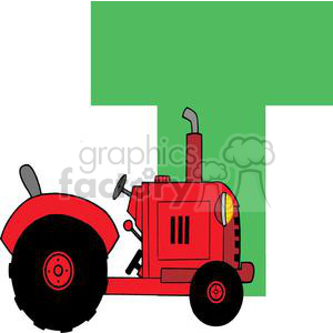 A clipart image featuring a red tractor in front of a large green letter 'T'.