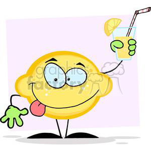 This clipart image features a cartoon lemon character with a funny expression. The lemon is anthropomorphized with big, blue eyes, and a wide, smiling mouth with its tongue sticking out. It is holding a glass with a lemon slice and a straw, which appears to be lemonade. The background is simple with light pink color.
