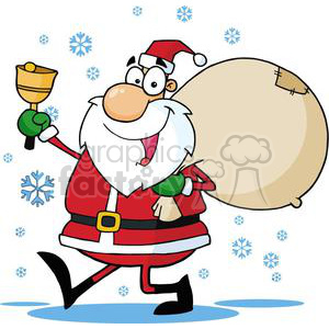 A cheerful cartoon Santa Claus carrying a large sack and ringing a bell, surrounded by snowflakes.