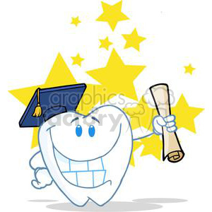   The clipart image features an anthropomorphic cartoon tooth that is smiling and has eyes. The tooth is wearing a graduation cap (mortarboard) with a tassel on its upper left side, suggesting a sense of achievement or education. In the tooth