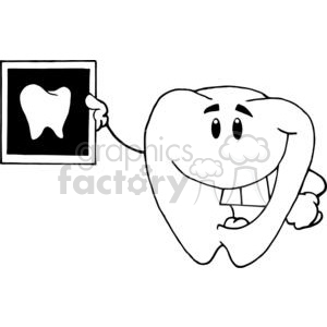 A funny cartoon tooth holding an X-ray image of a tooth, depicting a humorous dental theme.