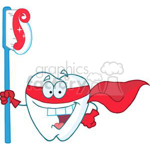   The clipart image depicts a stylized, anthropomorphized tooth character wearing a superhero cape, gloves, and boots, with a big grin on its face. The tooth is holding a toothbrush that also appears to be stylized with a little swirl and stars on its head to suggest it