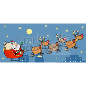 A humorous clipart image of Santa Claus riding a sleigh pulled by three reindeer, with a cheerful expression and a bag of gifts. The background features a night sky with stars and a full moon.