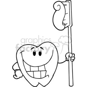  The clipart image shows a stylized, anthropomorphic tooth with a happy face, holding a toothbrush. The tooth appears to be in good health, featuring a wide smile with squared teeth. The toothbrush has a twisted line on its head possibly representing paste or bristles, and the rest of the brush extends upwards to the right. 