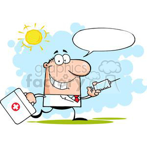 A cartoon-style illustration of a cheerful doctor holding a syringe and a medical bag, with a speech bubble above him under a sunny sky.